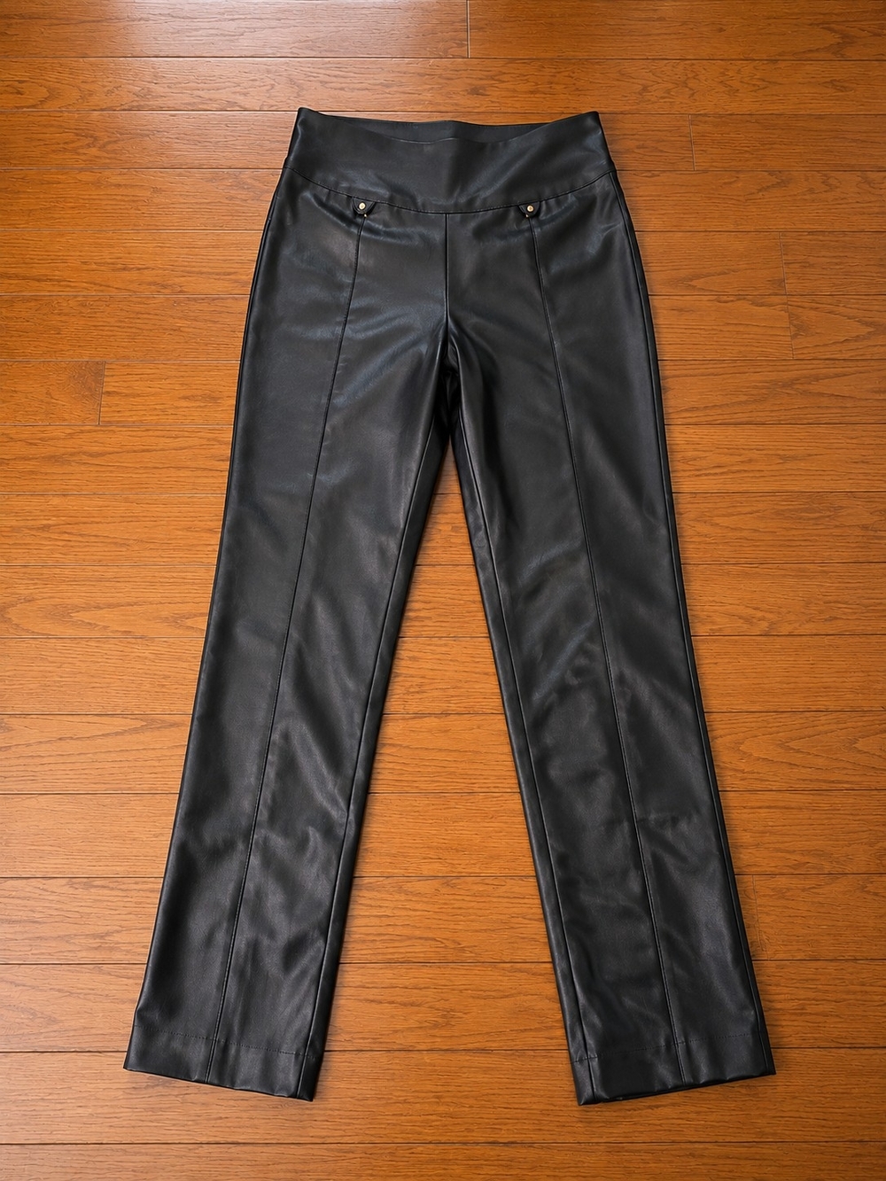 Attyre Women’s Black Faux Leather Pants Size 6 Slim Stretch Pull On Career